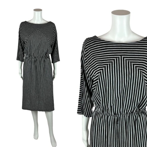 Vintage Dresses & Skirts - Vintage 80s Striped Dress Women's Medium Black White Slouchy Batwing Sleeves